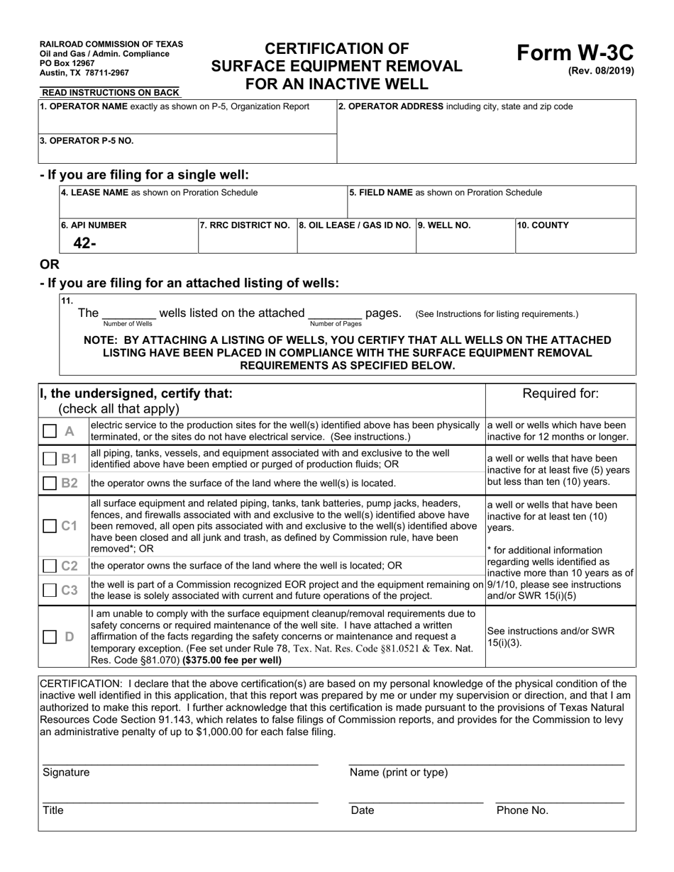 Form W-3C Certification of Surface Equipment Removal for an Inactive Well - Texas, Page 1