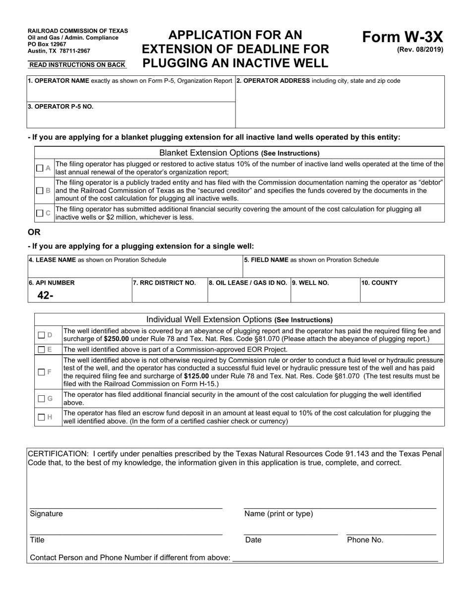 Form W-3X Application for an Extension of Deadline for Plugging an Inactive Well - Texas, Page 1
