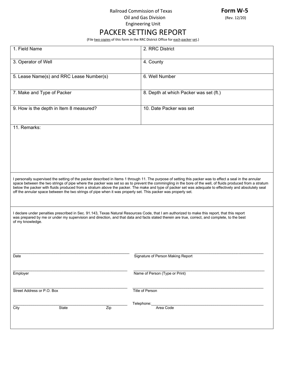Form W-5 Packer Setting Report - Texas, Page 1