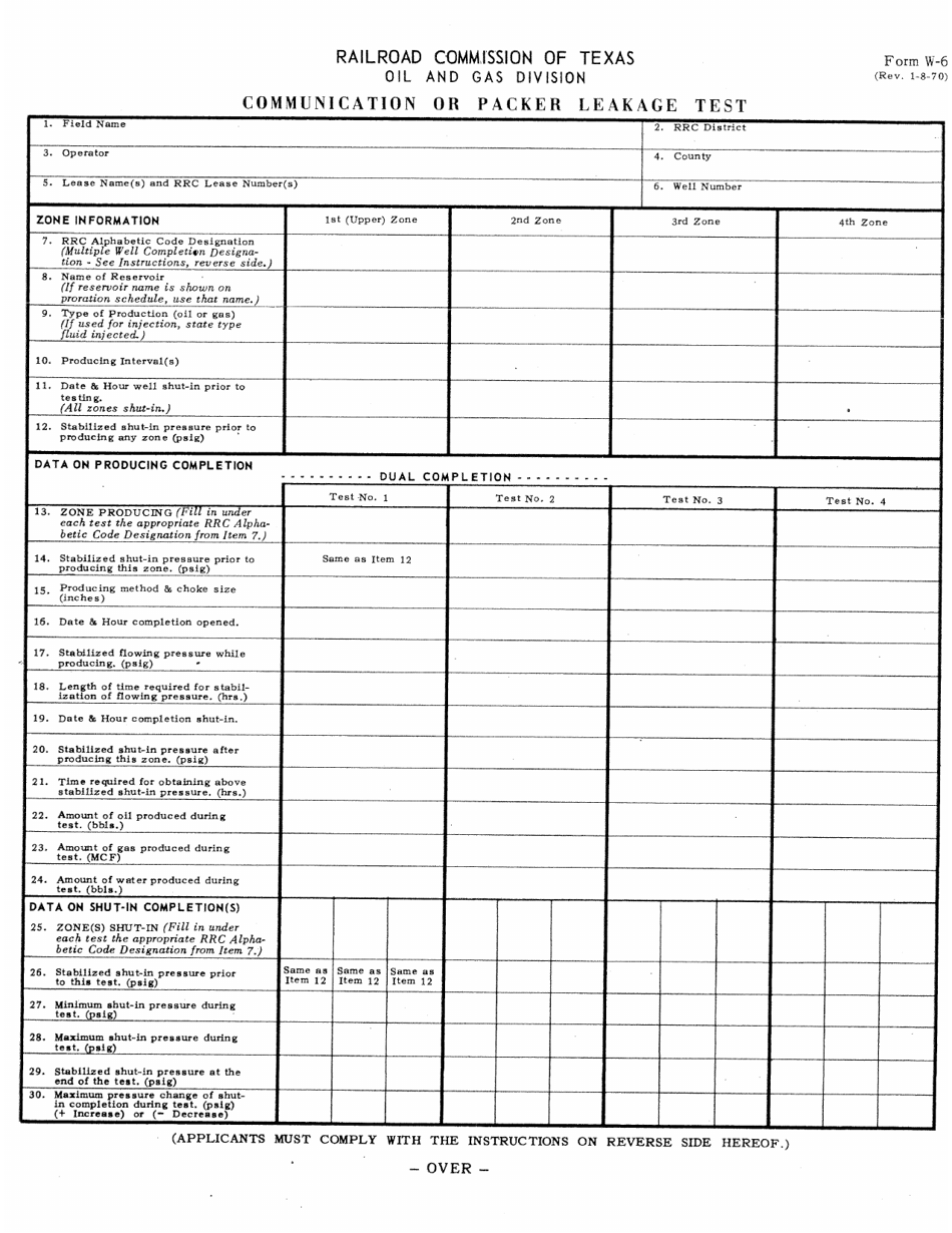 Form W-6 Communication or Packer Leakage Test - Texas, Page 1