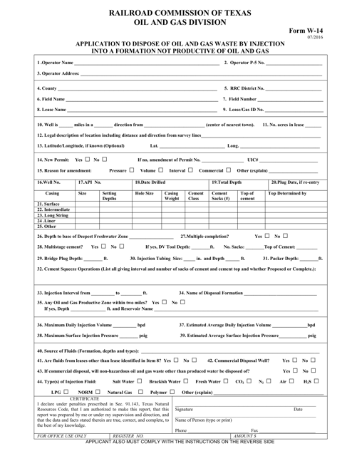 Form W-14 Application to Dispose of Oil and Gas Waste by Injection Into a Formation Not Productive of Oil and Gas - Texas