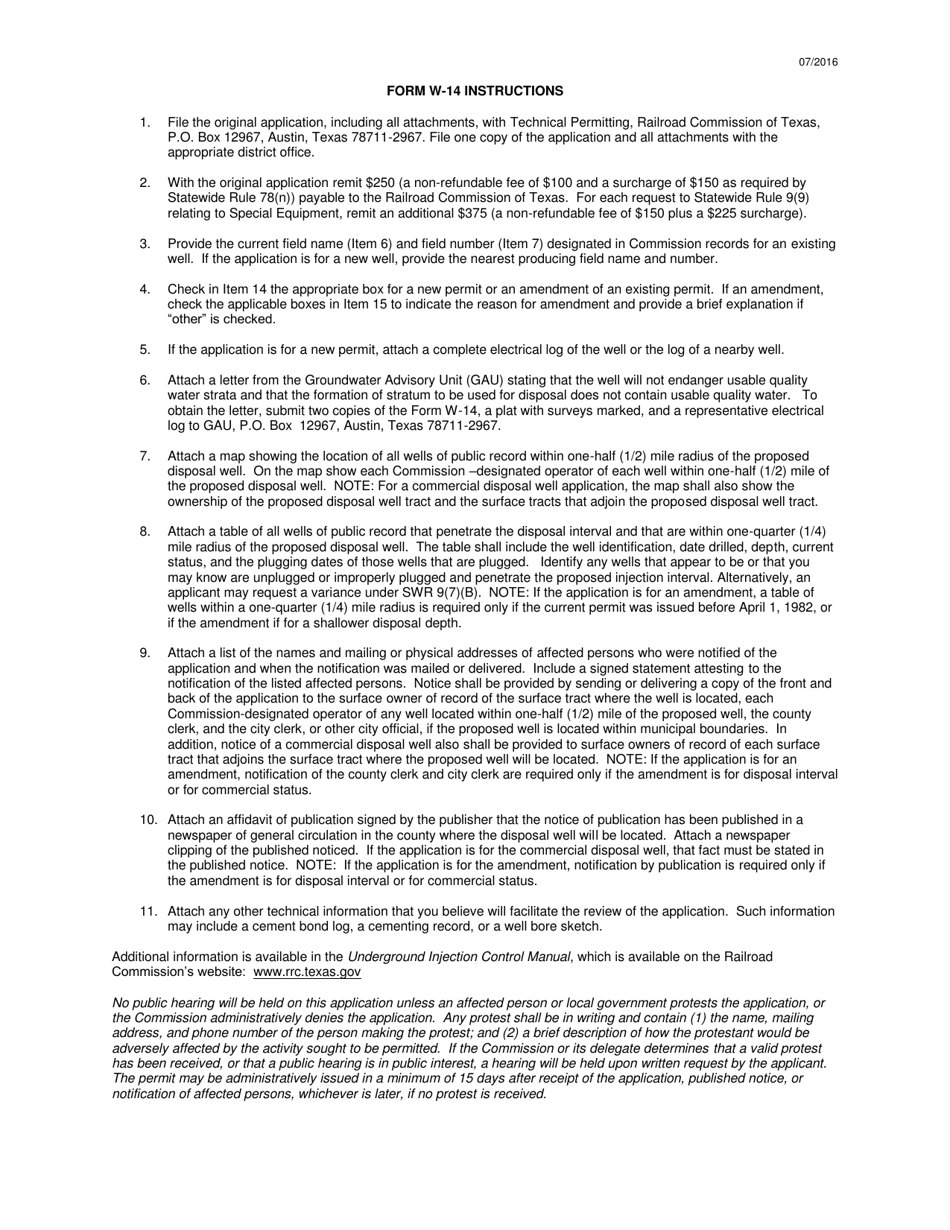 Instructions for Form W-14 Application to Dispose of Oil and Gas Waste by Injection Into a Formation Not Productive of Oil and Gas - Texas, Page 1