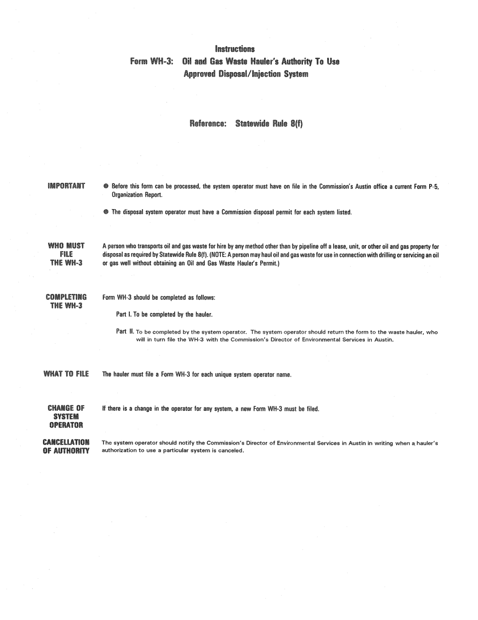 Instructions for Form WH-3 Oil and Gas Waste Haulers Authority to Use Approved Disposal / Injection System - Texas, Page 1