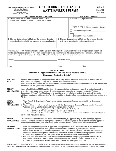 Form WH-1 Application for Oil and Gas Waste Hauler's Permit - Texas