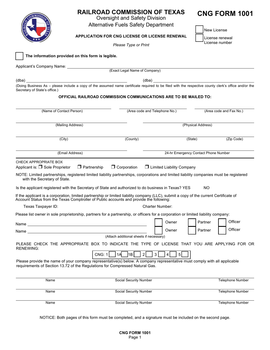 CNG Form 1001 Fill Out, Sign Online and Download Fillable PDF, Texas