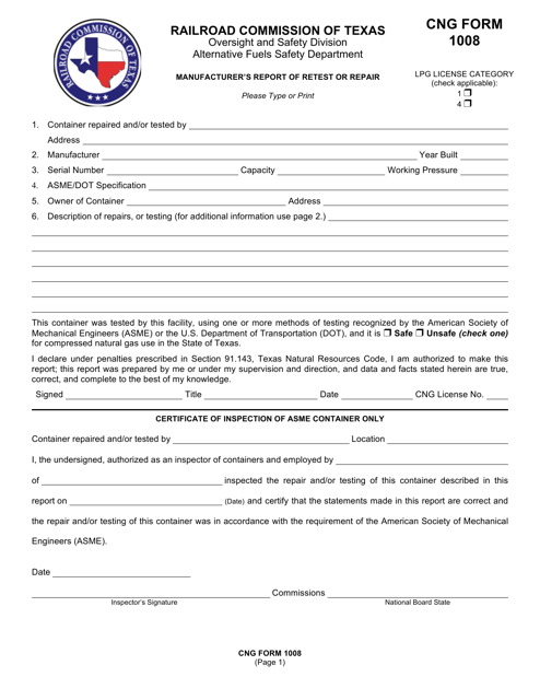 CNG Form 1008 Manufacturer's Report of Retest or Repair - Texas
