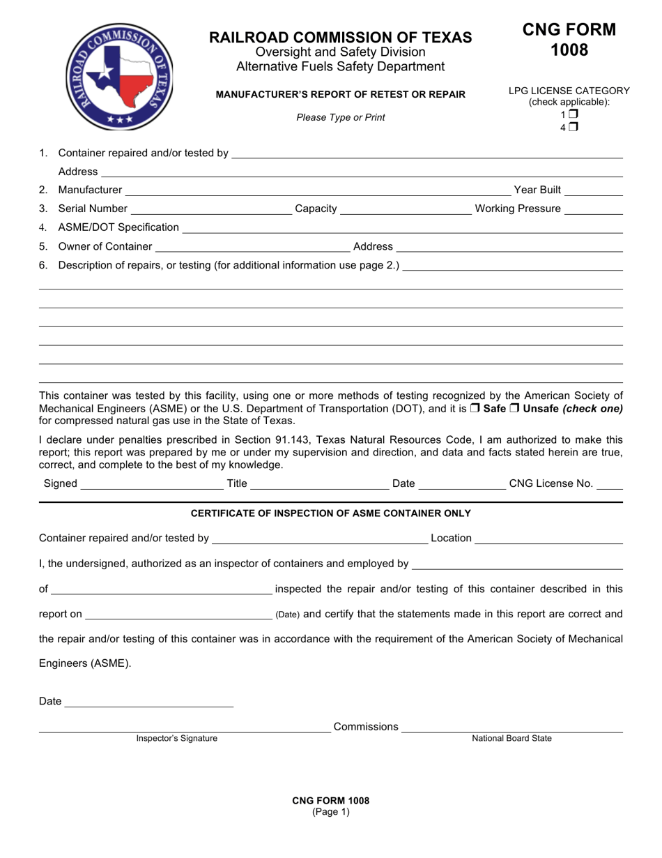 CNG Form 1008 Manufacturers Report of Retest or Repair - Texas, Page 1