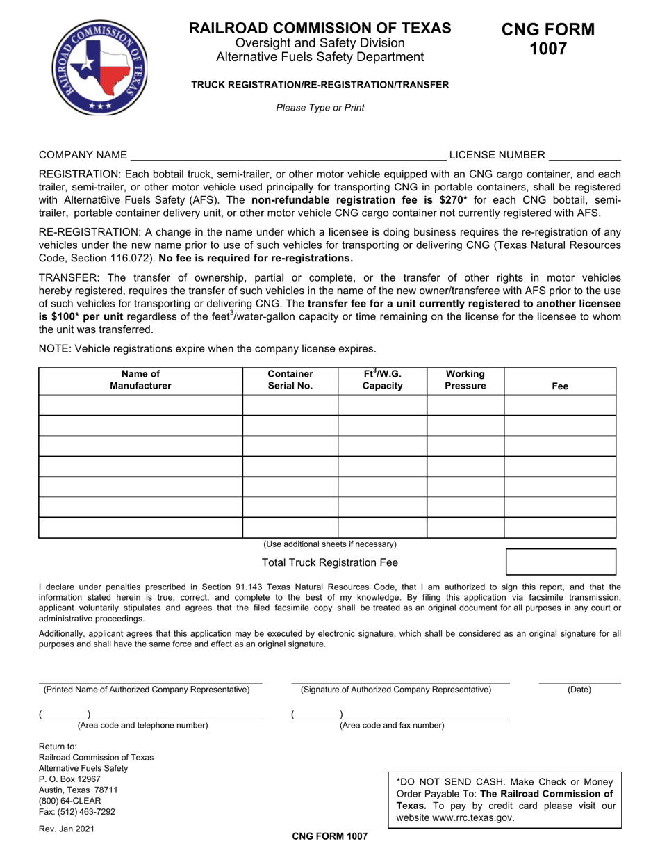 CNG Form 1007 Truck Registration / Re-registration / Transfer - Texas, Page 1