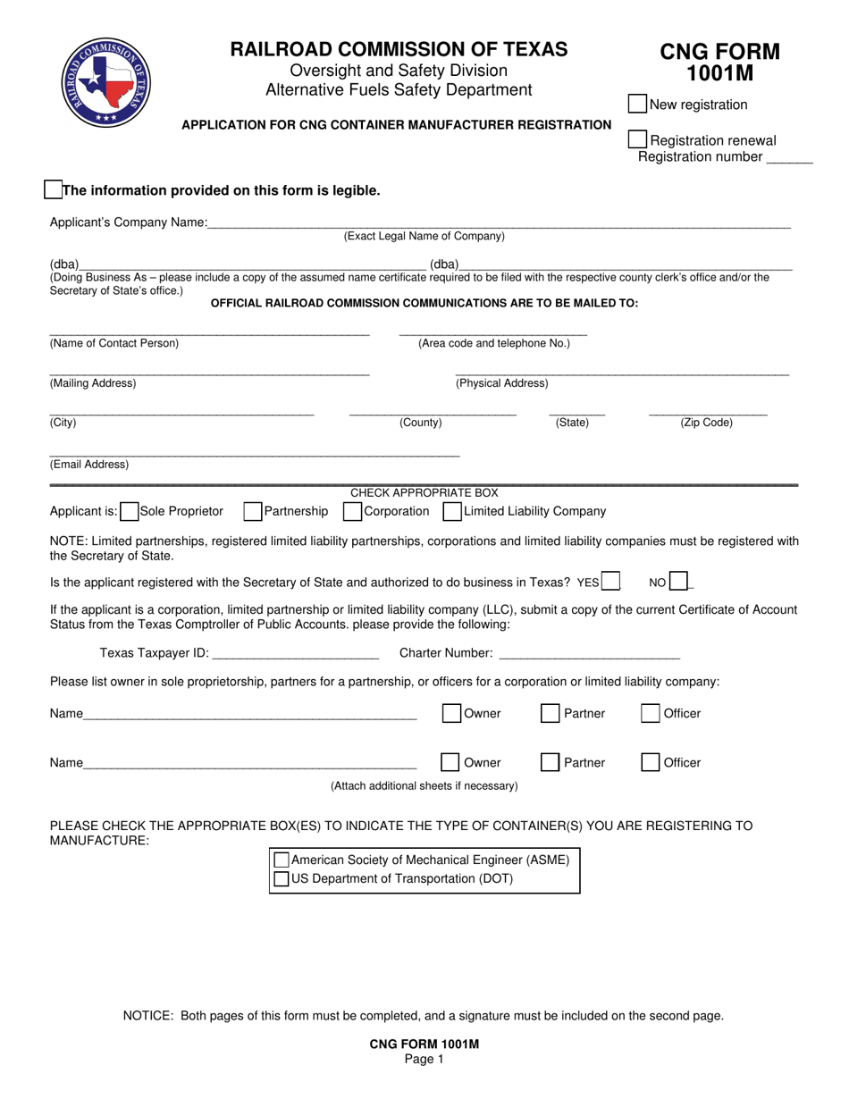 CNG Form 1001M Application for Cng Container Manufacturer Registration - Texas, Page 1