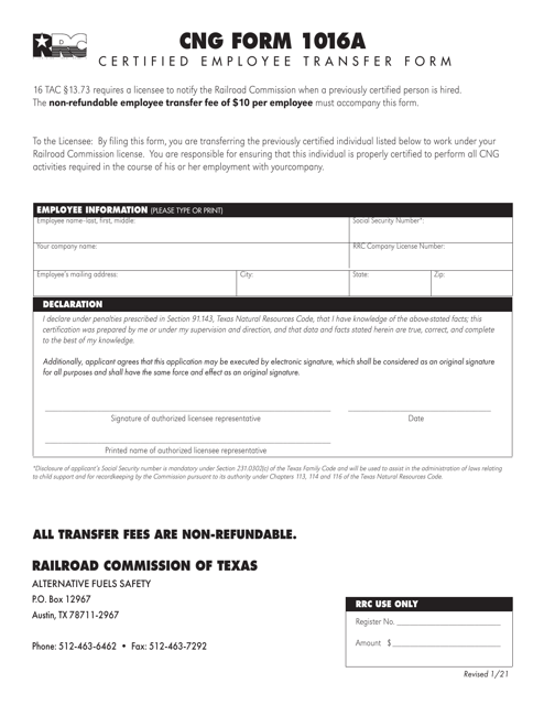 CNG Form 1016A Certified Employee Transfer Form - Texas