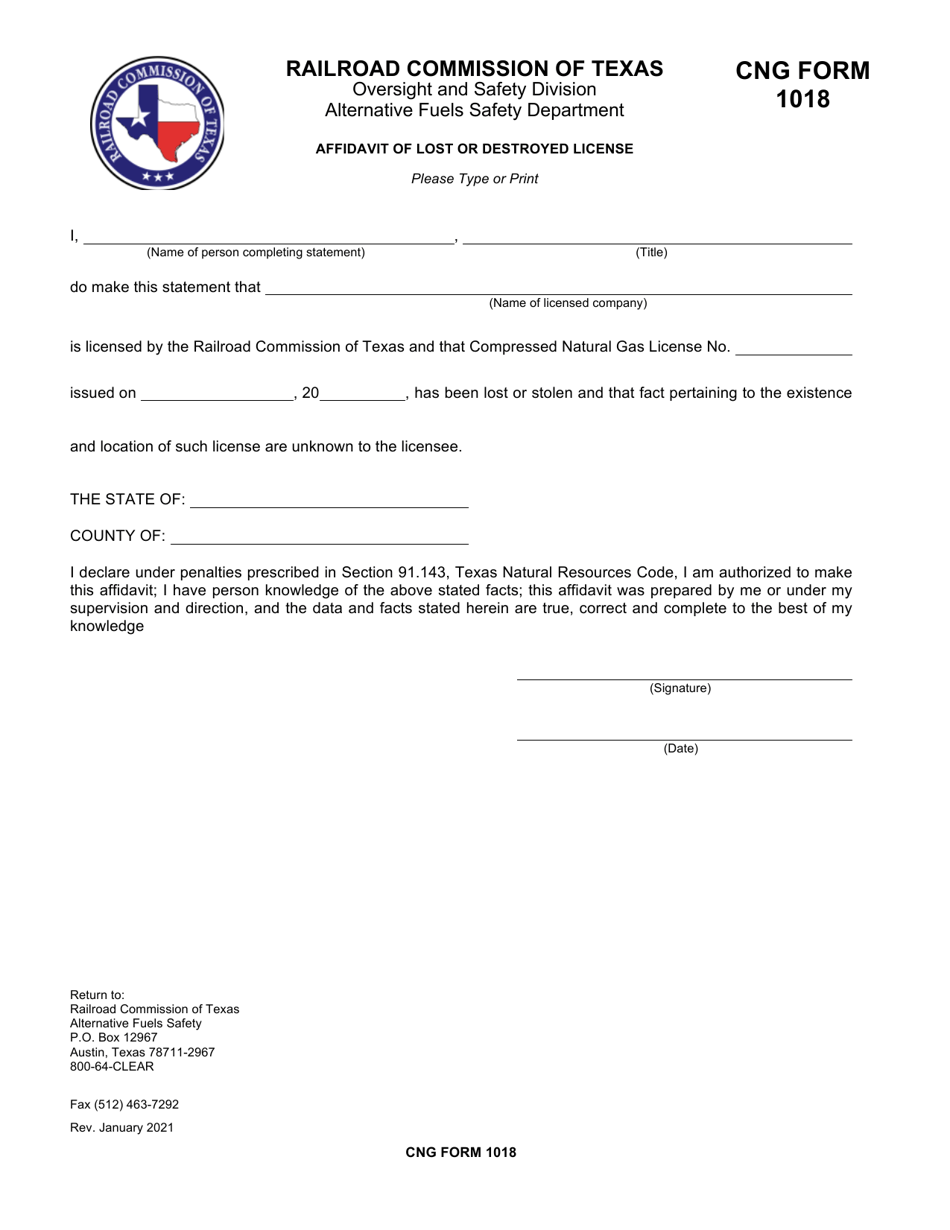 CNG Form 1018 Affidavit of Lost or Destroyed License - Texas, Page 1