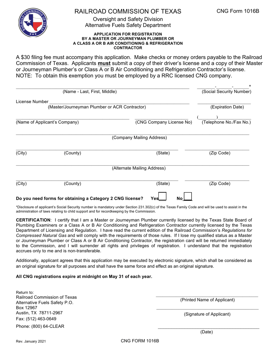 CNG Form 1016B Application for Registration by a Master or Journeyman Plumber or a Class a or B Air Conditioning  Refrigeration Contractor - Texas, Page 1