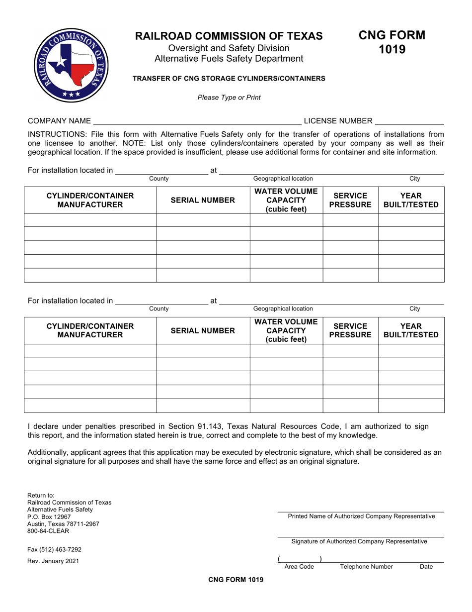 CNG Form 1019 Transfer of Cng Storage Cylinders / Containers - Texas, Page 1