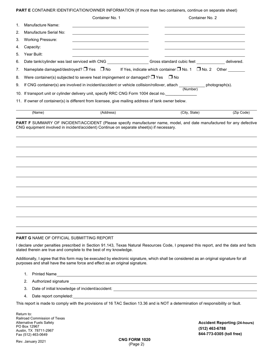 CNG Form 1020 Report of Cng Incident / Accident - Texas, Page 2