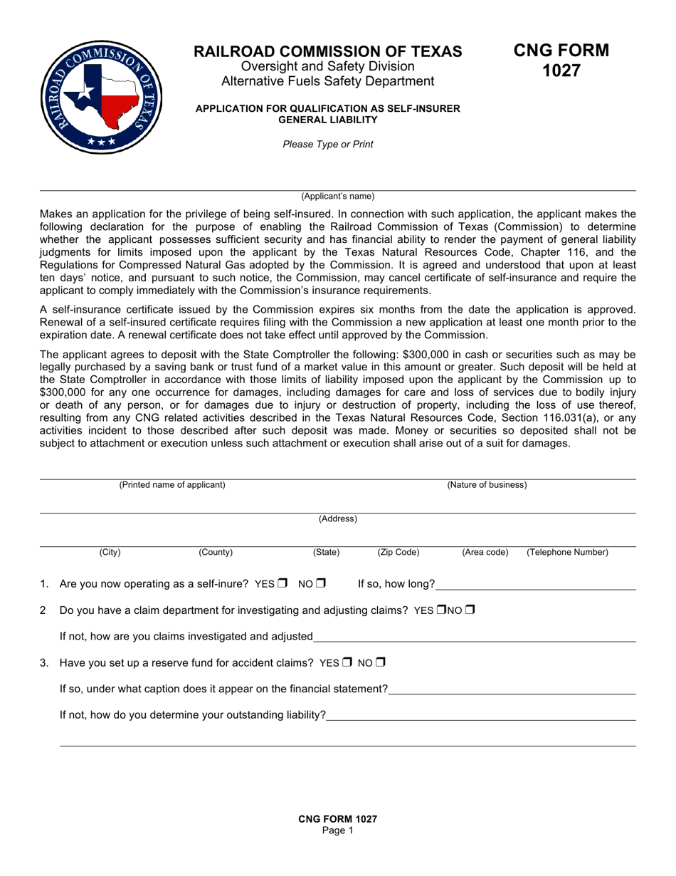 CNG Form 1027 Application for Qualification as Self-insurer General Liability - Texas, Page 1