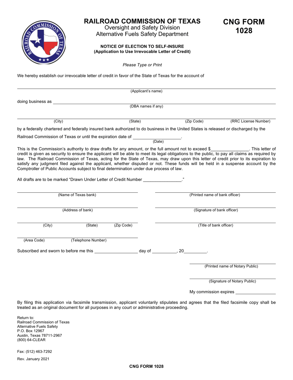 CNG Form 1028 Notice of Election to Self-insure - Texas, Page 1