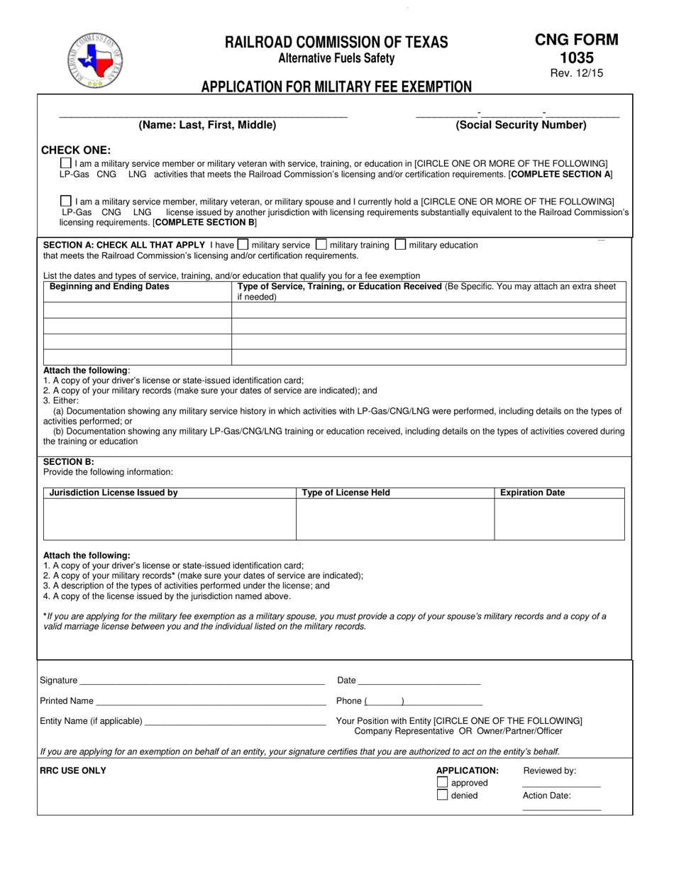 CNG Form 1035 Application for Military Fee Exemption - Texas, Page 1