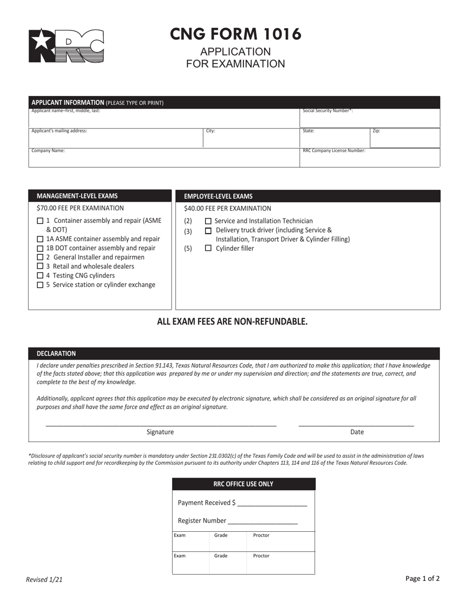 CNG Form 1016 Application for Examination - Texas, Page 1