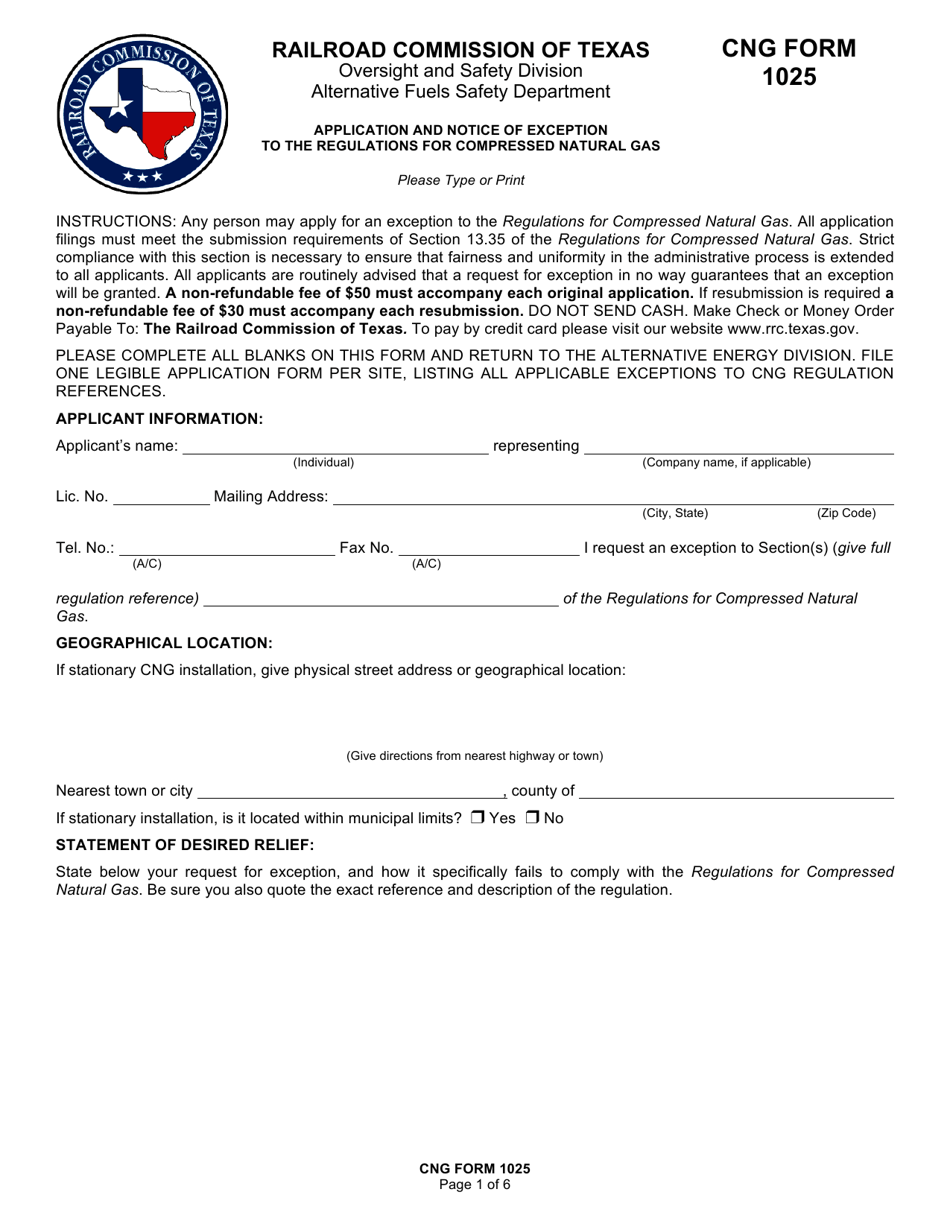 CNG Form 1025 Application and Notice of Exception to the Regulations for Compressed Natural Gas - Texas, Page 1