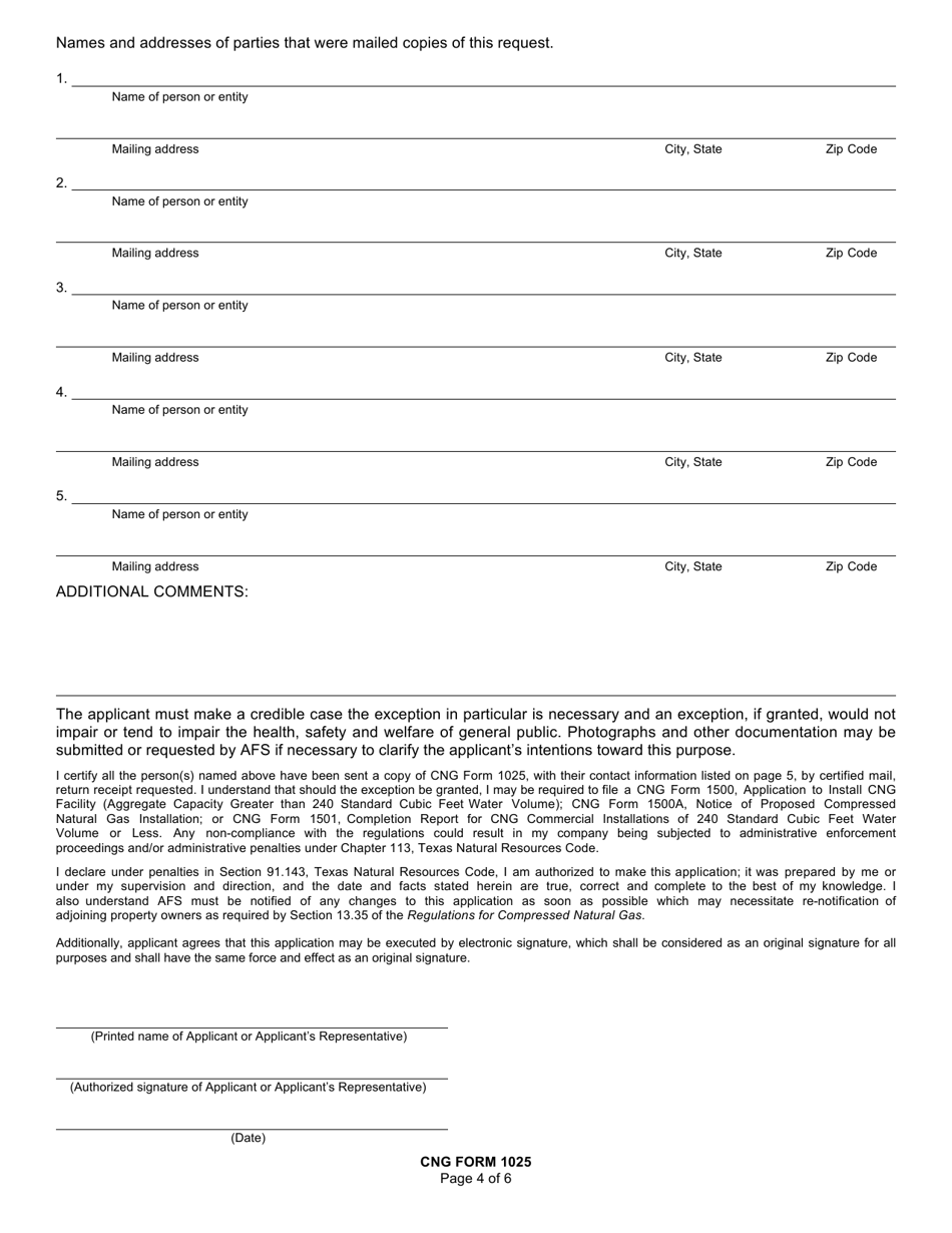 CNG Form 1025 Application and Notice of Exception to the Regulations for Compressed Natural Gas - Texas, Page 4