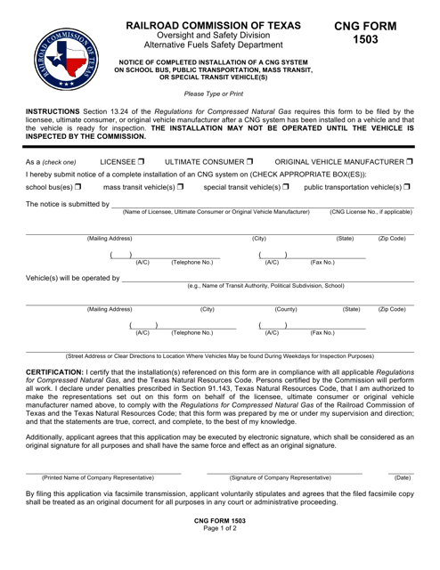 CNG Form 1503 Notice of Completed Installation of a Cng System on School Bus, Public Transportation, Mass Transit, or Special Transit Vehicle(S) - Texas