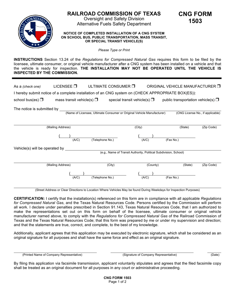 CNG Form 1503 Notice of Completed Installation of a Cng System on School Bus, Public Transportation, Mass Transit, or Special Transit Vehicle(S) - Texas, Page 1