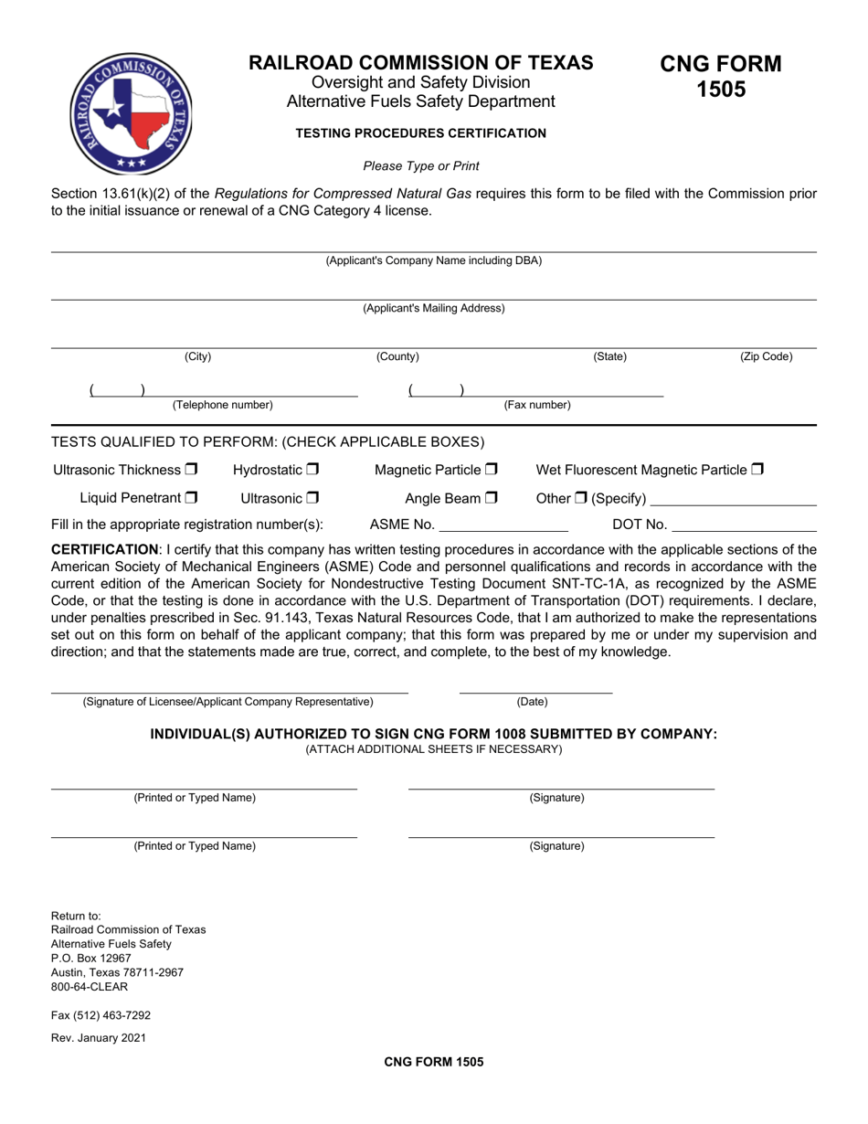 CNG Form 1505 Testing Procedures Certification - Texas, Page 1