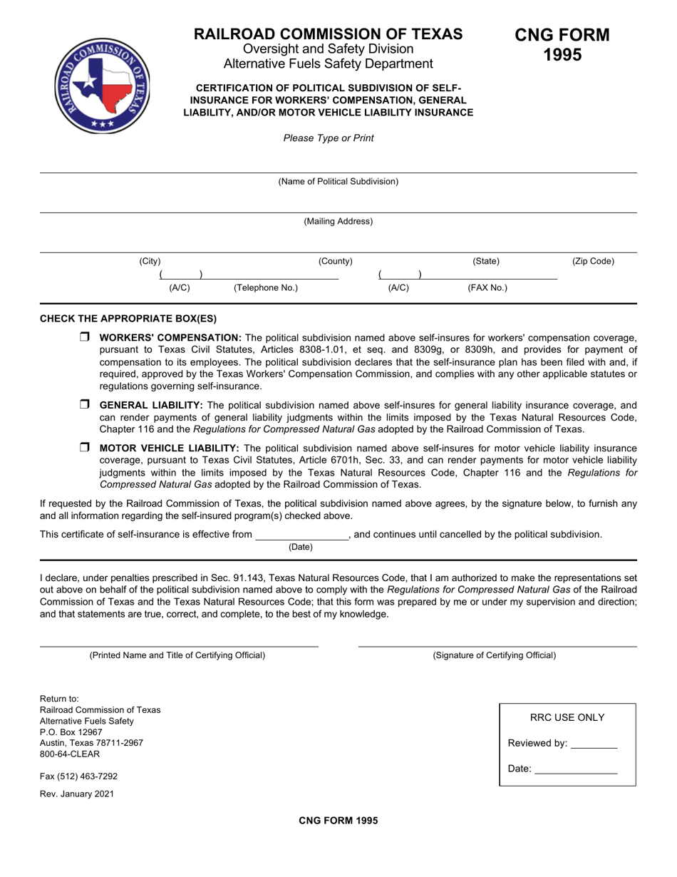 CNG Form 1995 Certification of Political Subdivision of Self-insurance for Workers Compensation, General Liability, and / or Motor Vehicle Liability Insurance - Texas, Page 1