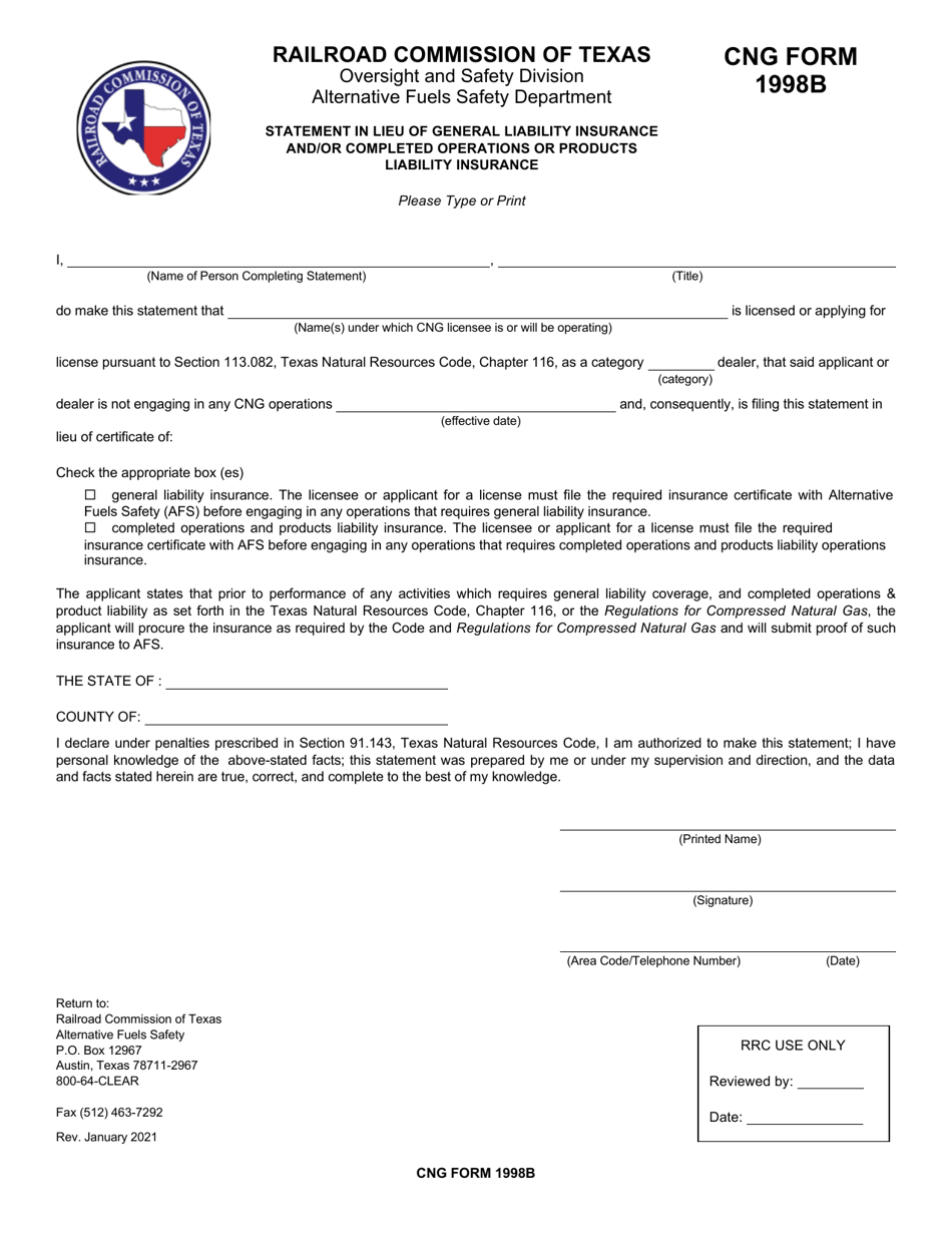 CNG Form 1998B Statement in Lieu of General Liability Insurance and / or Completed Operations or Products Liability Insurance - Texas, Page 1