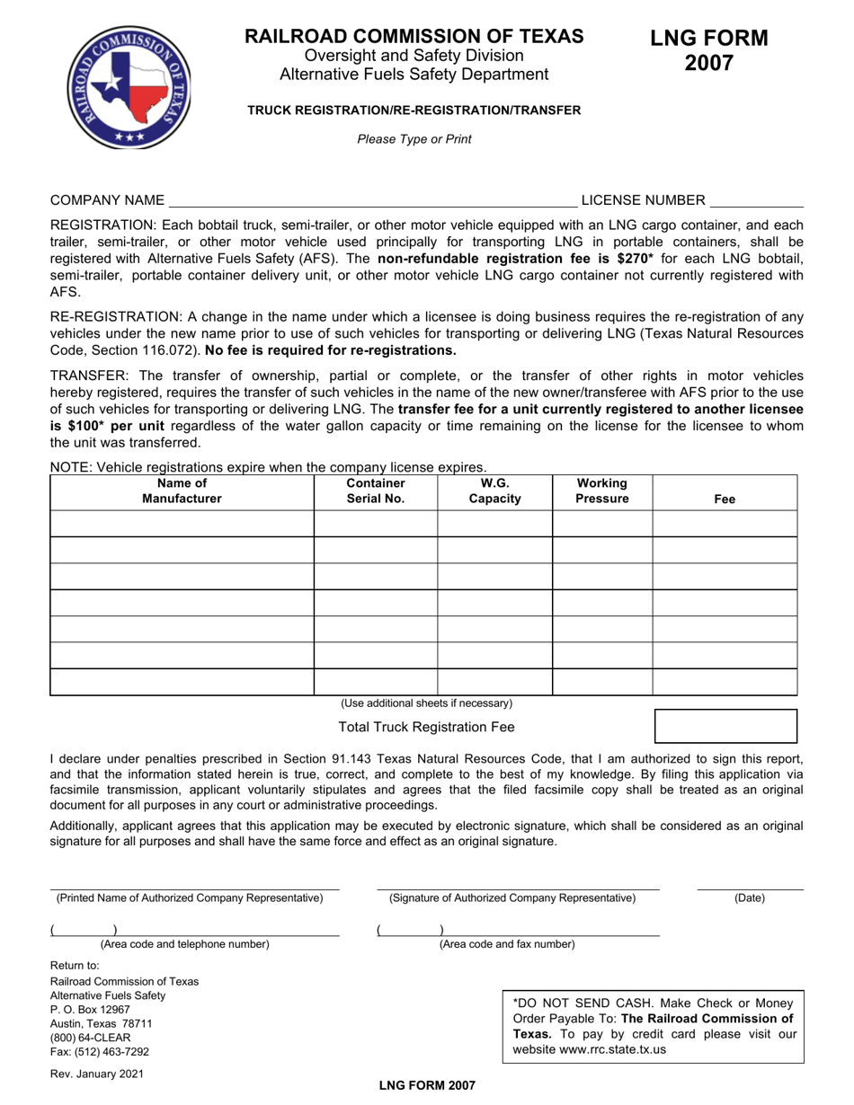 LNG Form 2007 Truck Registration / Re-registration / Transfer - Texas, Page 1