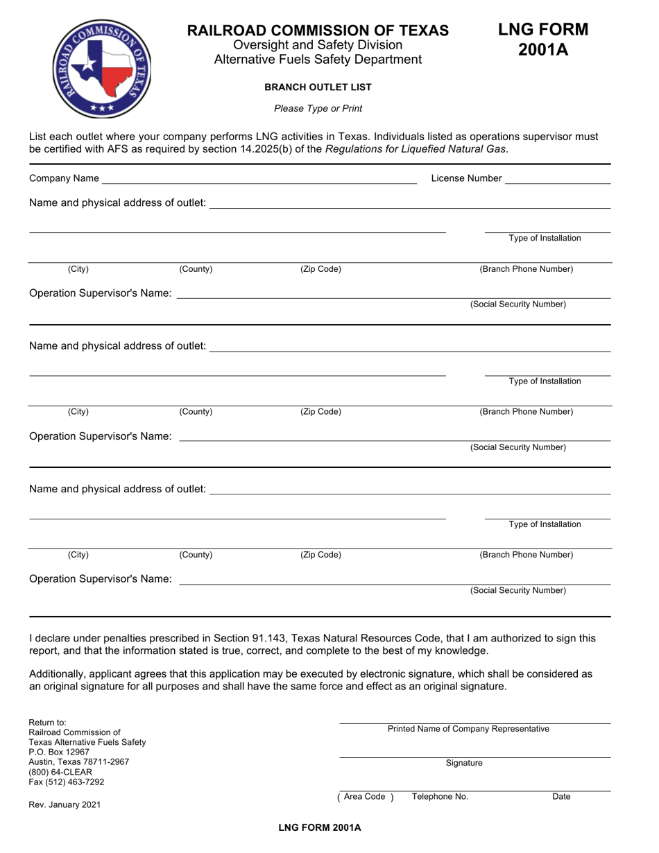 LNG Form 2001A Branch Outlet List - Texas, Page 1