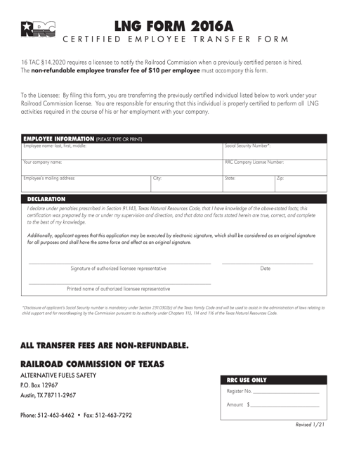 LNG Form 2016A Certified Employee Transfer Form - Texas