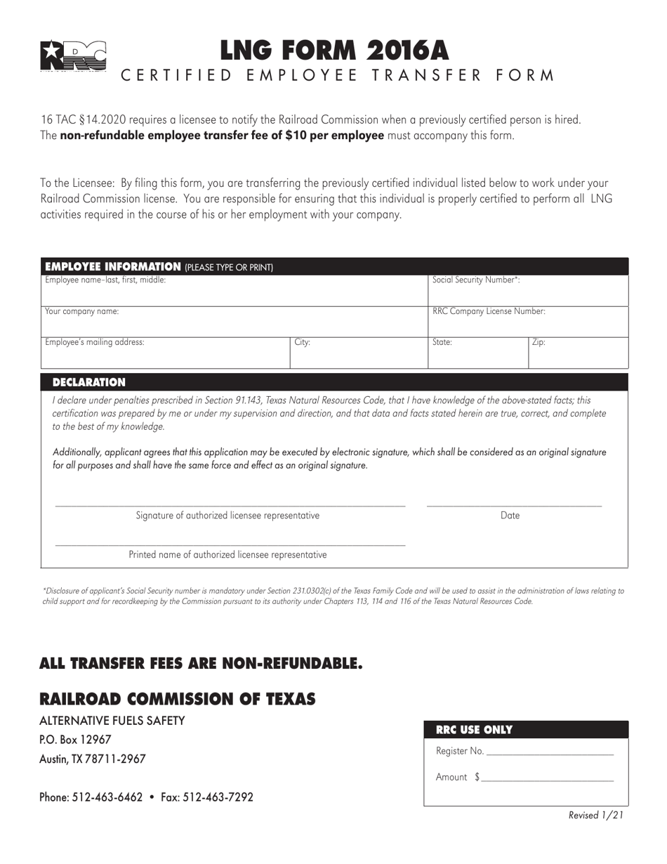 LNG Form 2016A Certified Employee Transfer Form - Texas, Page 1