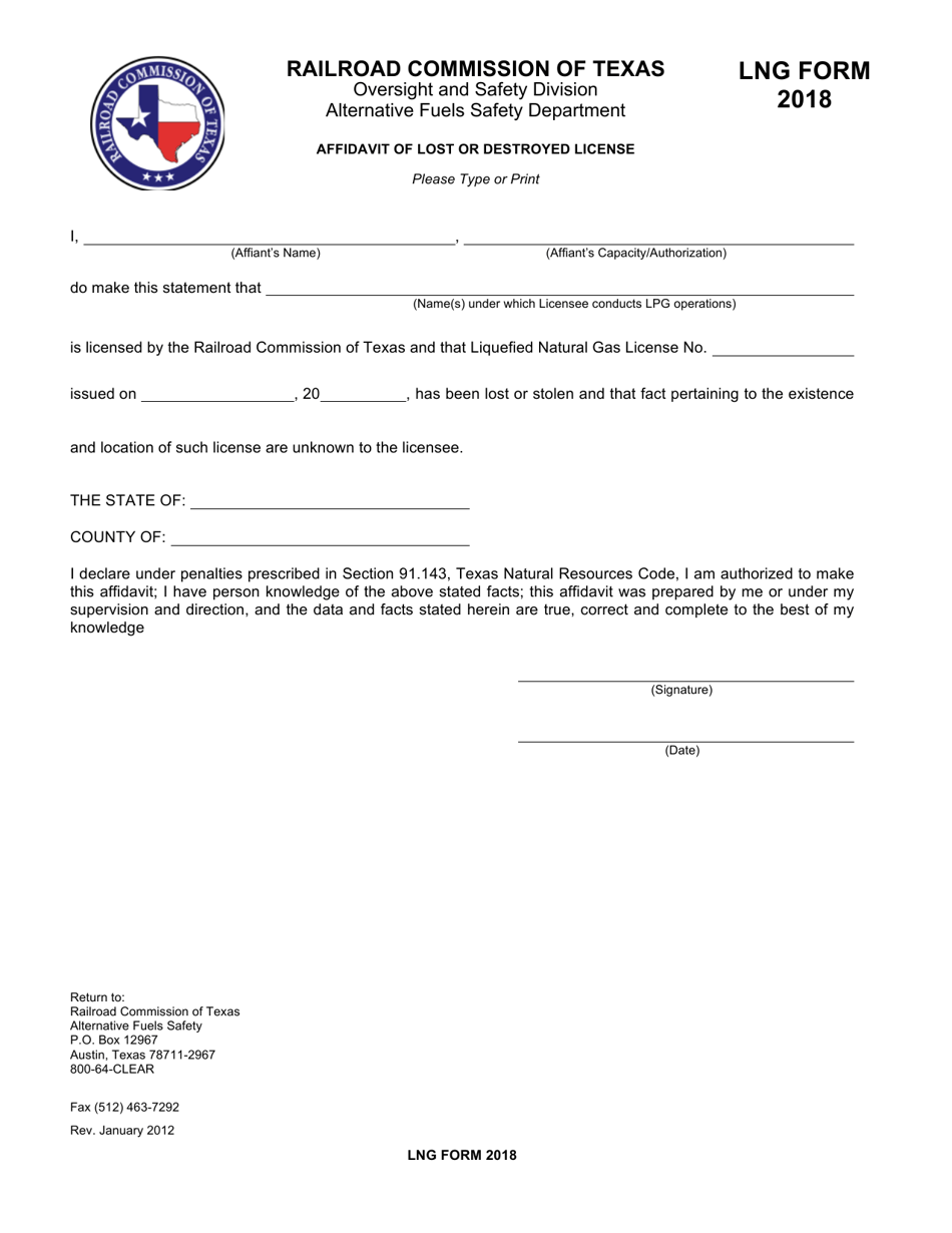 LNG Form 2018 Affidavit of Lost or Destroyed License - Texas, Page 1