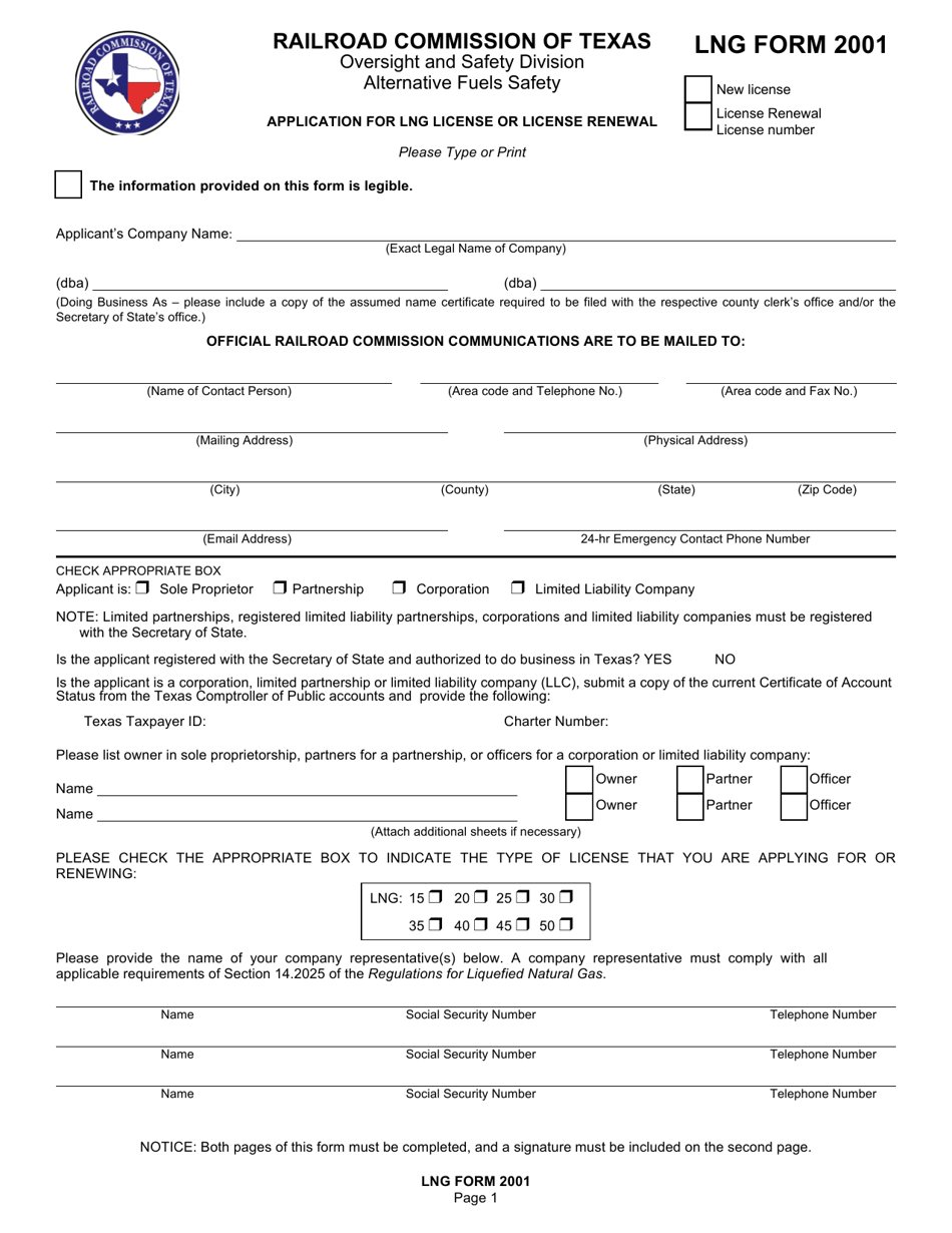 LNG Form 2001 Application for Lng License or License Renewal - Texas, Page 1