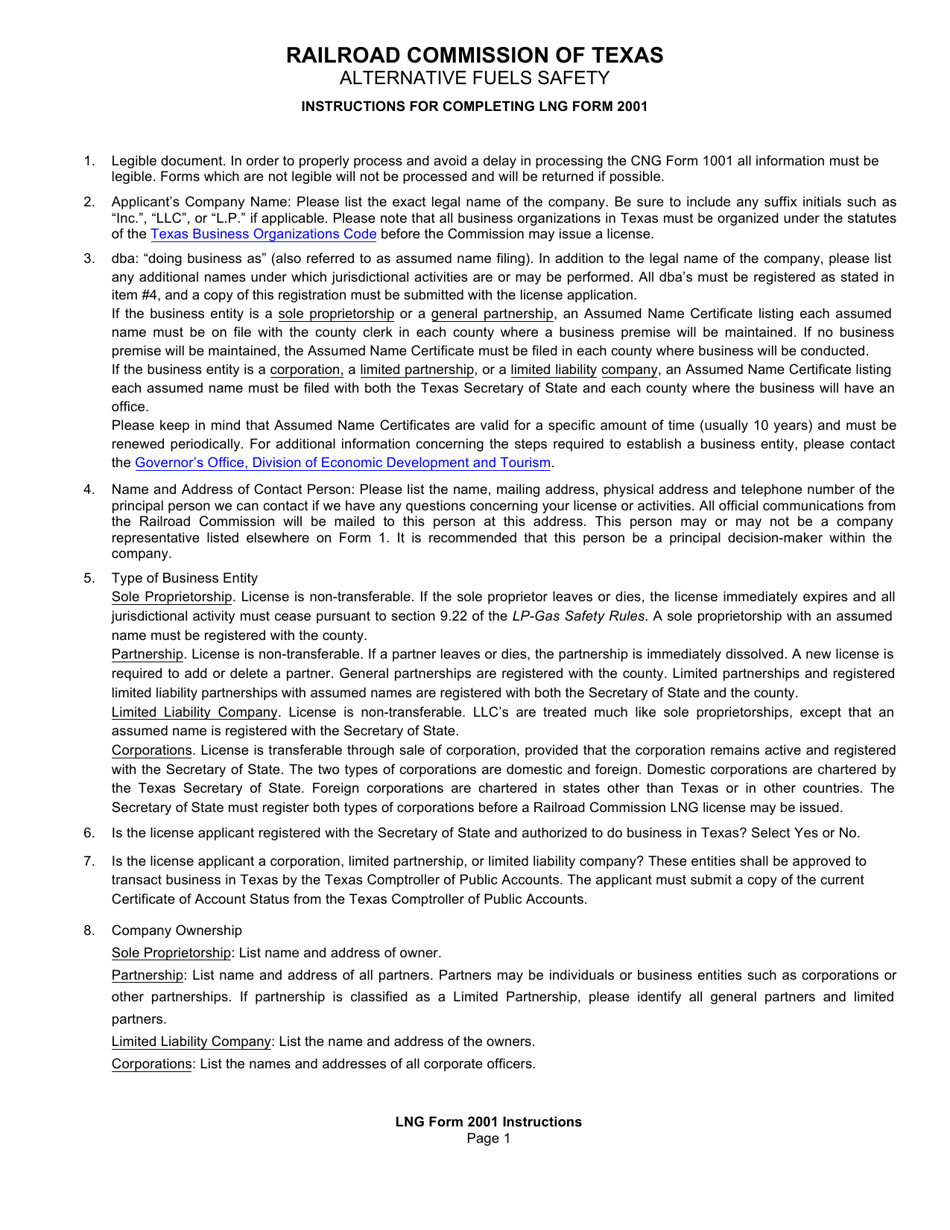 LNG Form 2001 Application for Lng License or License Renewal - Texas, Page 3