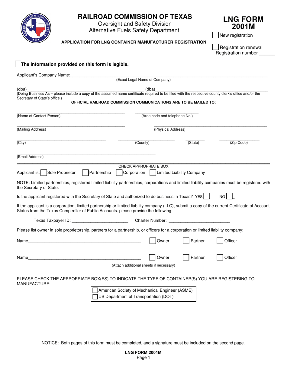 LNG Form 2001M Application for Lng Container Manufacturer Registration - Texas, Page 1
