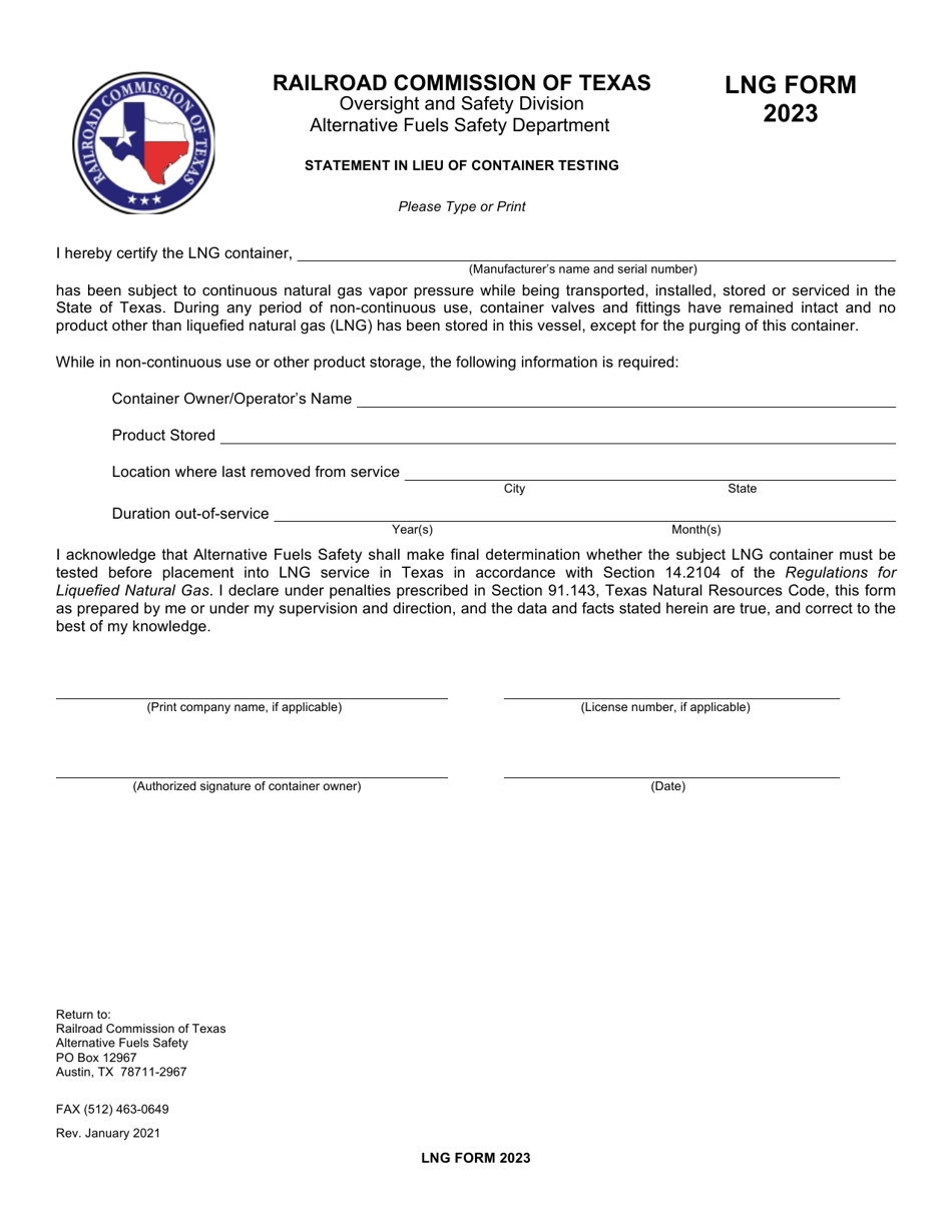 LNG Form 2023 Statement in Lieu of Container Testing - Texas, Page 1