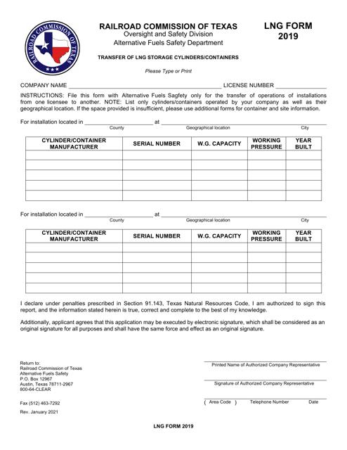 LNG Form 2019 Transfer of Lng Storage Cylinders/Containers - Texas