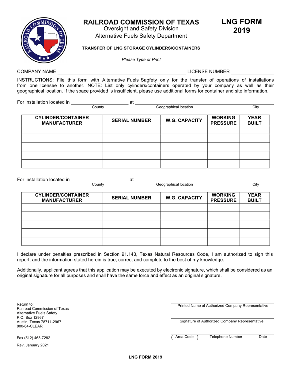 LNG Form 2019 Transfer of Lng Storage Cylinders / Containers - Texas, Page 1