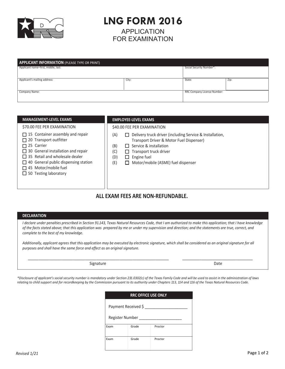 LNG Form 2016 Application for Examination - Texas, Page 1