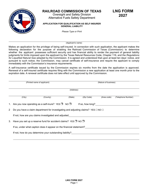 LNG Form 2027 Application for Qualification as Self-insurer General Liability - Texas