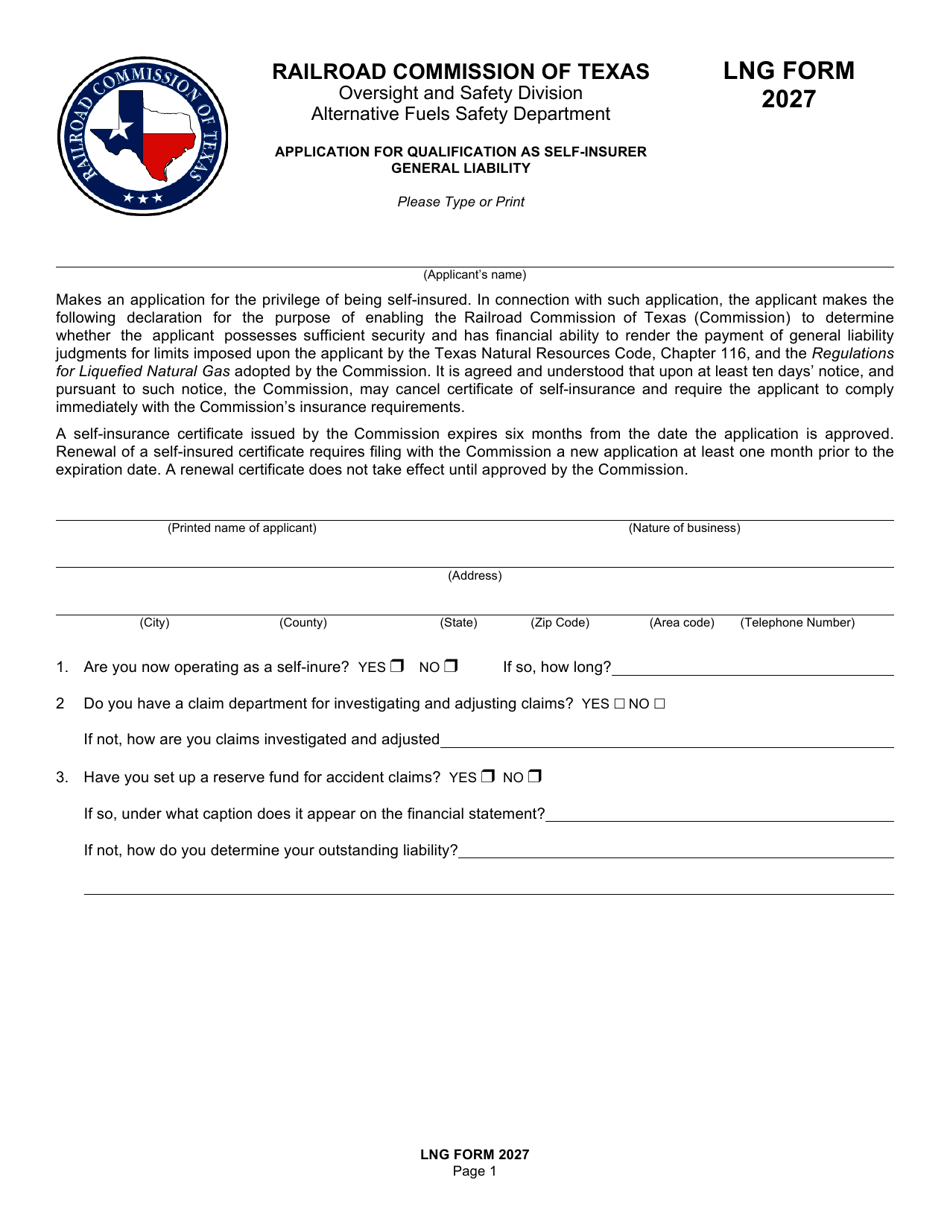 LNG Form 2027 Application for Qualification as Self-insurer General Liability - Texas, Page 1