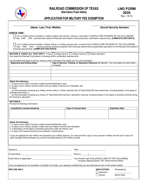 LNG Form 2035 Application for Military Fee Exemption - Texas