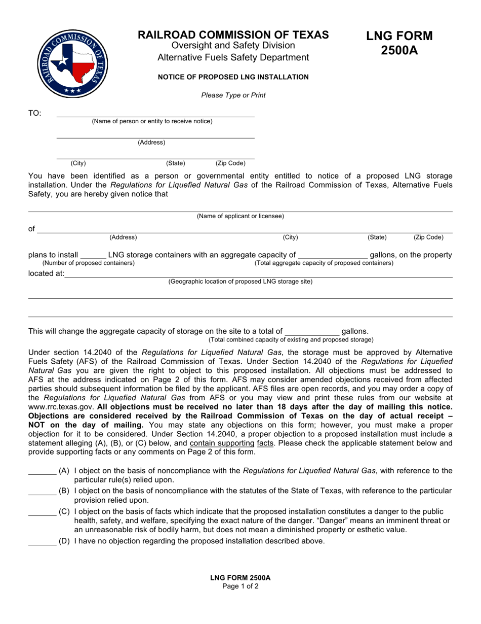 LNG Form 2500A Notice of Proposed Lng Installation - Texas, Page 1