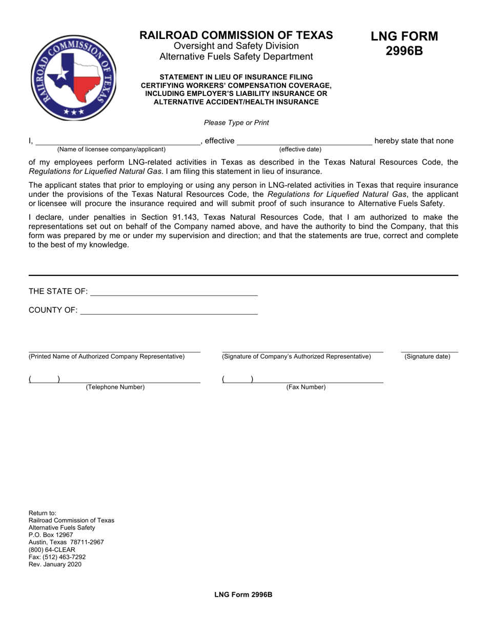 LNG Form 2996B Statement in Lieu of Insurance Filing Certifying Workers Compensation Coverage, Including Employers Liability Insurance or Alternative Accident / Health Insurance - Texas, Page 1