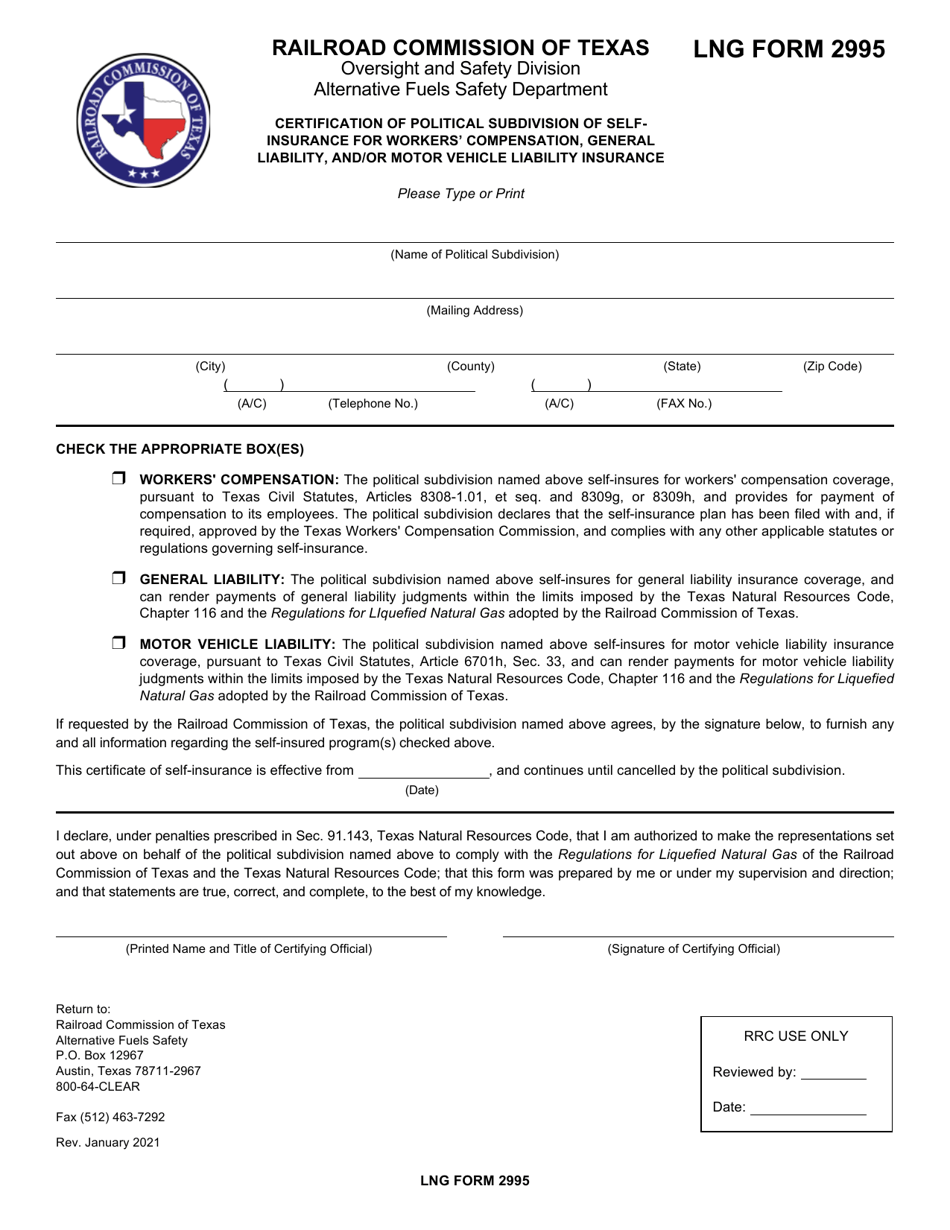 LNG Form 2995 Certification of Political Subdivision of Self-insurance for Workers Compensation, General Liability, and / or Motor Vehicle Liability Insurance - Texas, Page 1