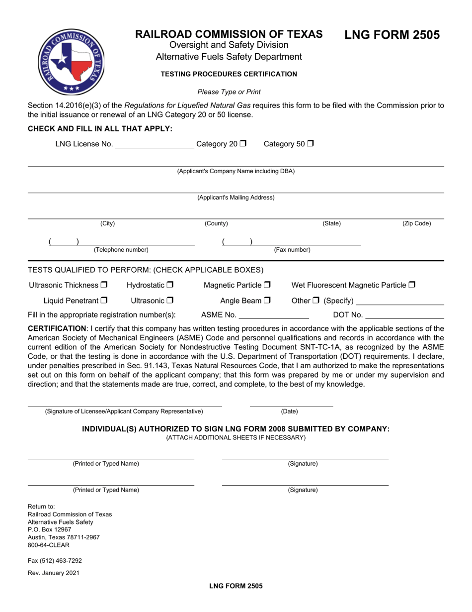 LNG Form 2505 Testing Procedures Certification - Texas, Page 1