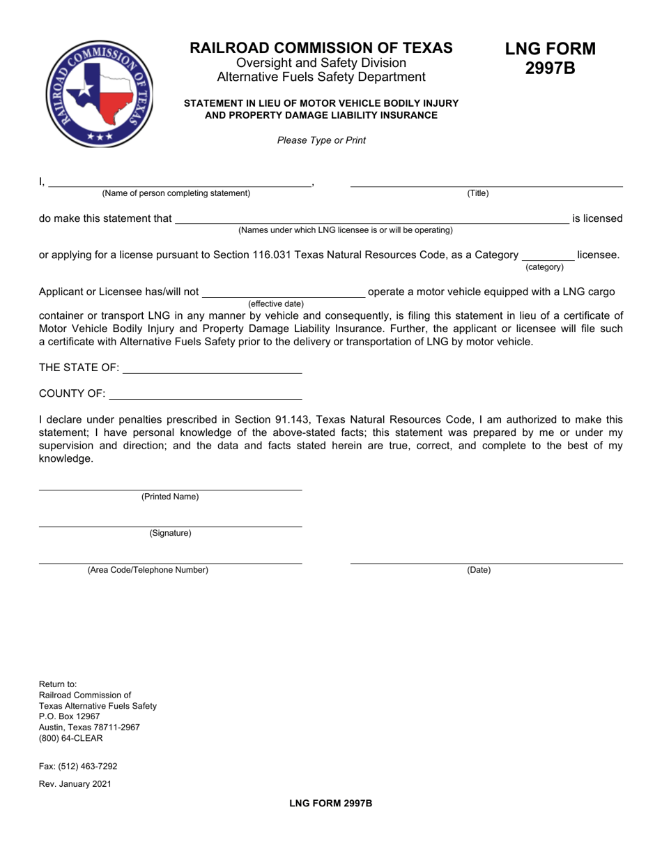 LNG Form 2997B Statement in Lieu of Motor Vehicle Bodily Injury and Property Damage Liability Insurance - Texas, Page 1