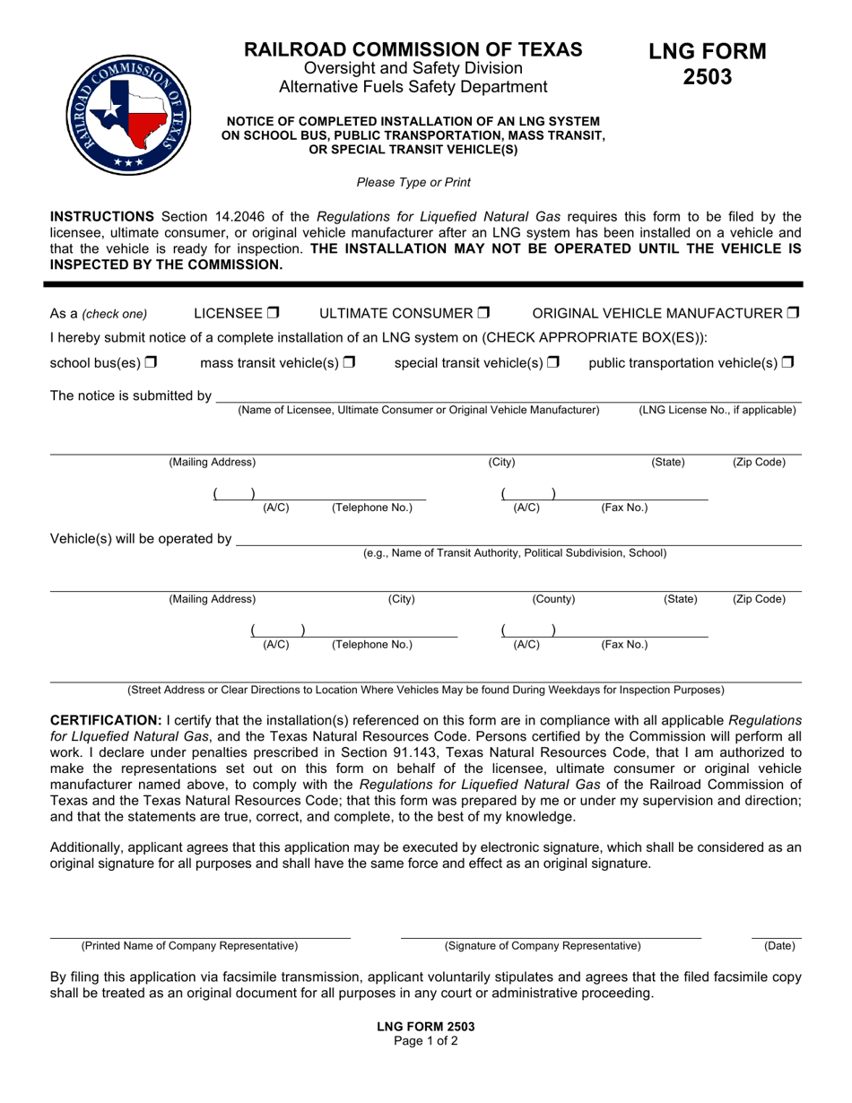 LNG Form 2503 Notice of Completed Installation of an Lng System on School Bus, Public Transportation, Mass Transit, or Special Transit Vehicles - Texas, Page 1